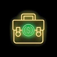 Neon green briefcase glowing with dollar coin inside on black background vector
