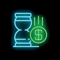 Neon sign representing time converting to money with hourglass and dollar vector