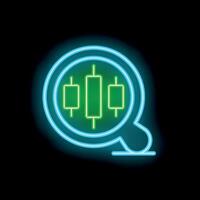 Neon magnifying glass analyzing a japanese candlestick chart pattern vector