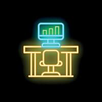 Neon office desk with computer showing growing bar chart icon illustration on black background vector