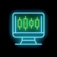Neon computer monitor displaying stock market trading chart icon vector