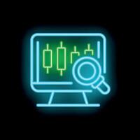 Neon icon of magnifying glass analyzing financial charts on computer screen vector