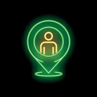 Green neon pin pointing current user location with glowing person pictogram inside on black background vector