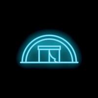Glowing neon line icon of a tourist tent with an open entrance, isolated on a black background vector