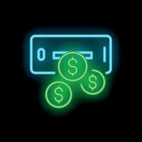 Neon atm cash machine dispensing three dollar coins icon vector