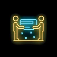 Two businessmen carrying out secure transaction using blockchain technology neon sign vector