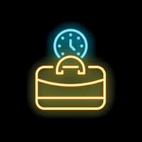 Neon icon of briefcase and clock representing working hours vector