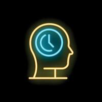 Neon sign representing time management with clock and human head vector