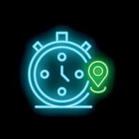 Neon sign of clock showing time and location pin pointing on a map vector