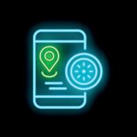 Neon icon of smartphone showing gps location and loading status bar vector