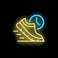 Neon sign representing running shoe with clock symbolizing time management vector