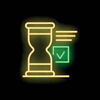 Neon icon of hourglass with check mark representing time management vector