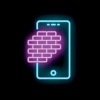 Neon icon of smartphone display showing firewall protecting user data vector