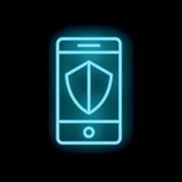 Neon mobile phone showing security shield icon on black background vector