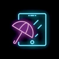 Neon icon of smartphone showing rain falling and umbrella protecting from water vector