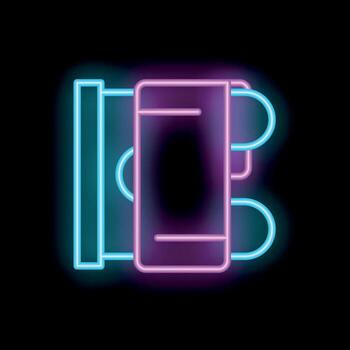 Neon sign representing a smartphone with a mobile application store interface on a black background vector