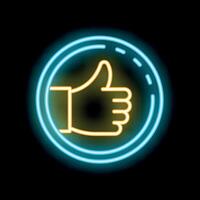 Neon sign showing thumb up in circle on black background vector