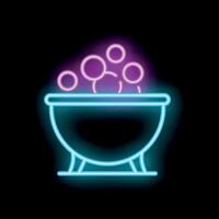 Neon witch cauldron bubbling with magic potion on black background vector
