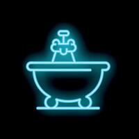 Glowing neon icon of bathtub with shower faucet running on black background vector