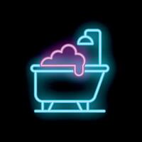 Neon bathtub with bubbles and shower shining on black background vector