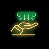 Neon sign representing hand holding something receiving multiple green arrows pointing down vector