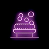 Soap bar with bubbles making foam on soap dish in neon style vector