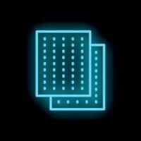Blue neon icon of two spreadsheet pages glowing on a black background vector