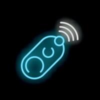 Blue neon icon of a car key fob transmitting a signal vector