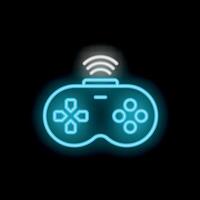 Neon icon of wireless gamepad sending signal vector