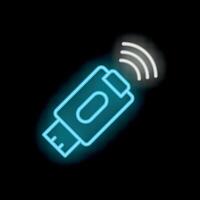 Neon usb flash drive transmitting data icon glowing on dark background vector