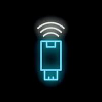 Neon icon of usb flash drive emitting wifi signal on black background vector