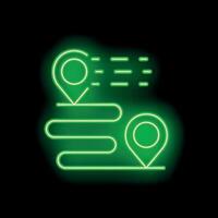 Green neon location pin following a path on black background vector