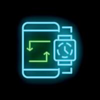 Neon icon of smartwatch syncing time with smartphone app vector