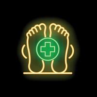 Neon green cross sign overlapping feet glowing on black background vector