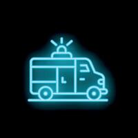 Blue neon icon of an ambulance transporting a patient vector