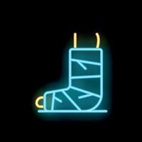 Glowing neon icon of broken leg in plaster cast vector