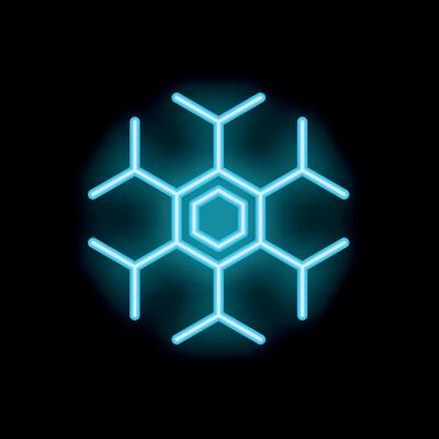 Bright neon blue snowflake glowing on black background