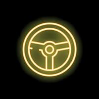 Yellow neon sign steering wheel icon on black background vector