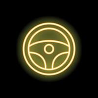 Yellow neon sign steering wheel on black background vector