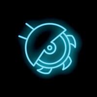 Neon icon of circular saw blade glowing blue on black background vector