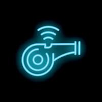 Blue neon icon of a whistle emitting wifi signal waves vector