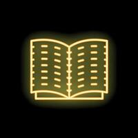 Open book glowing with neon yellow light on black background vector