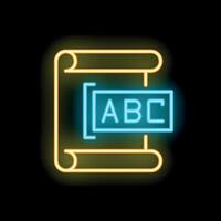 Neon sign showing an open book with abc text inside for educational purpose vector