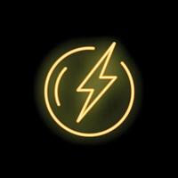 Neon sign showing a lightning bolt inside a circle on a black background vector