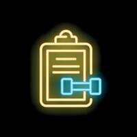 Neon sign representing a workout routine on a clipboard with a dumbbell on black background vector