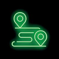 Green neon sign showing route with two location pins on black background vector