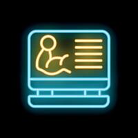 Neon icon of computer showing biceps muscle for online fitness training or exercise program vector