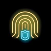 Neon fingerprint security system icon glowing on dark background vector