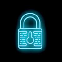 Neon blue padlock glowing on black background representing cybersecurity vector
