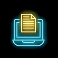 Neon icon of document appearing on laptop screen representing online content creation vector